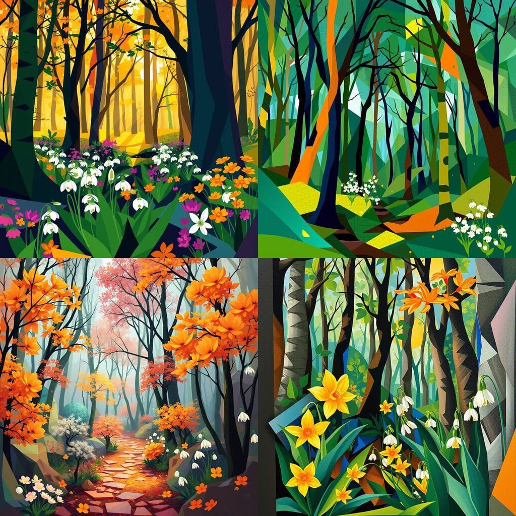 Surreal Cubist Forest Blooms in Angular Oil Painting Style