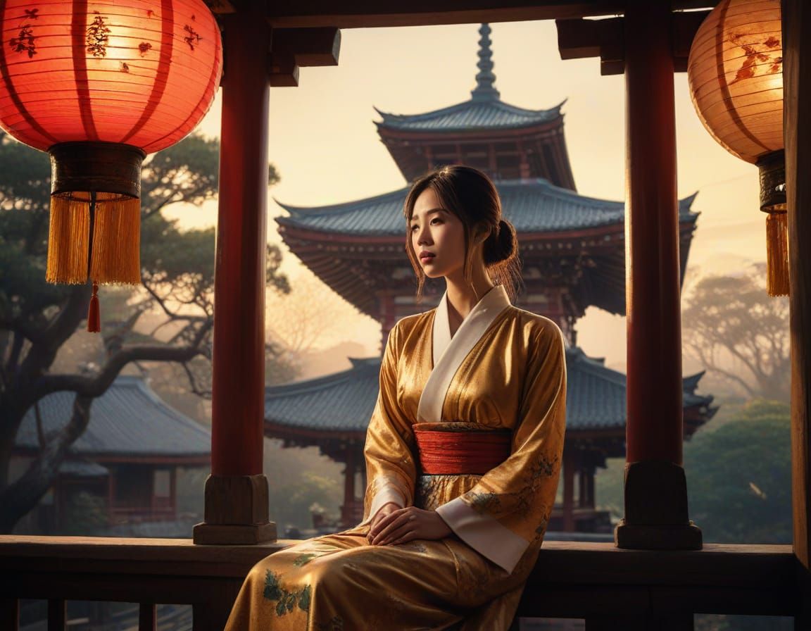 Japanese Woman in Pagoda, Neo-Traditional Ink Art