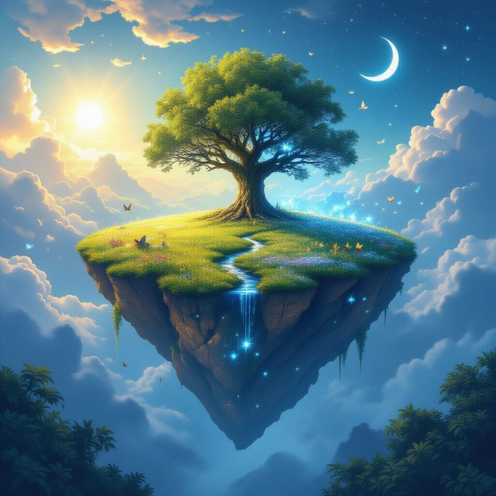 Floating Island: Sunlit Meadow and Starlit Dreamscape
