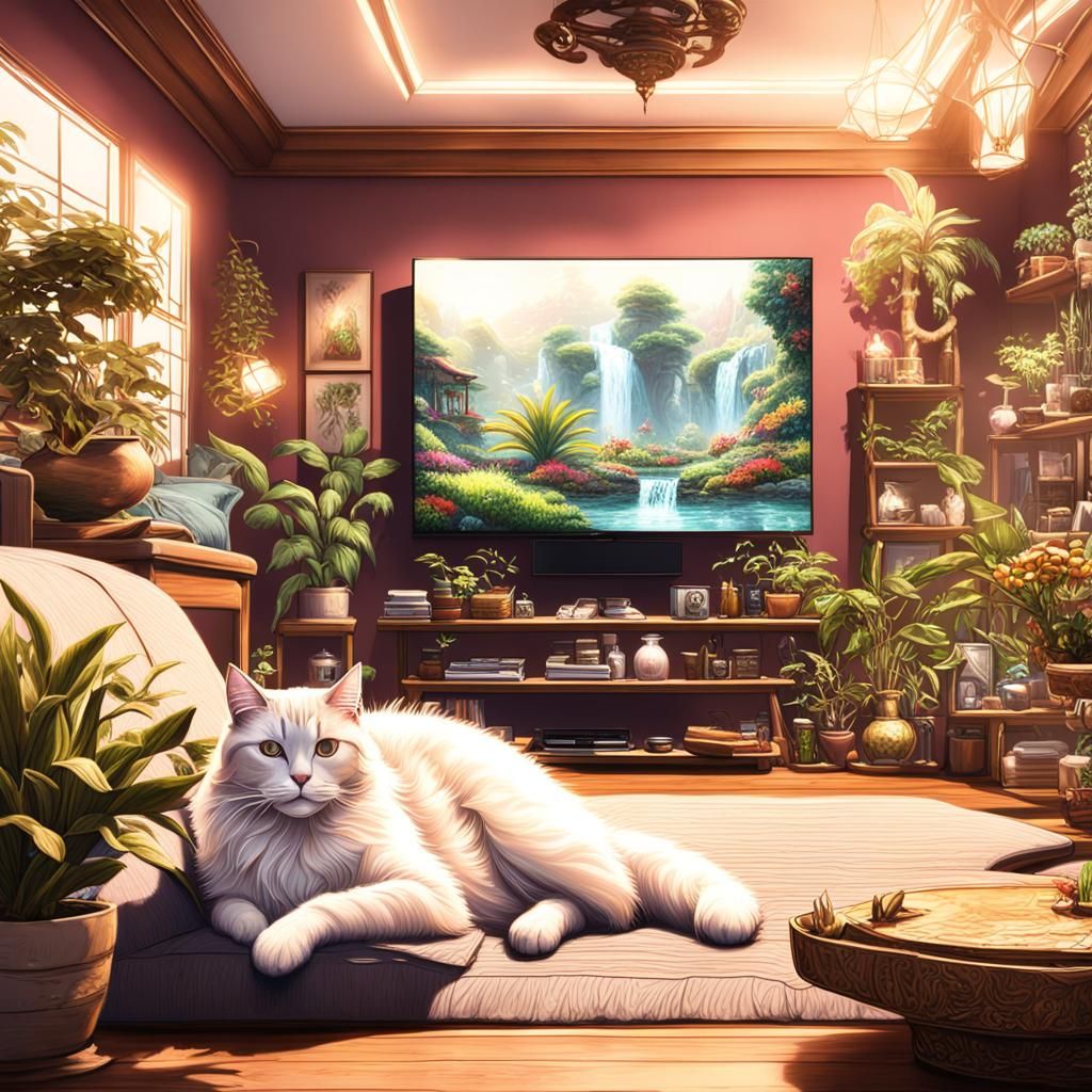 Cozy Living Room with Woman Lounging, Digital Art