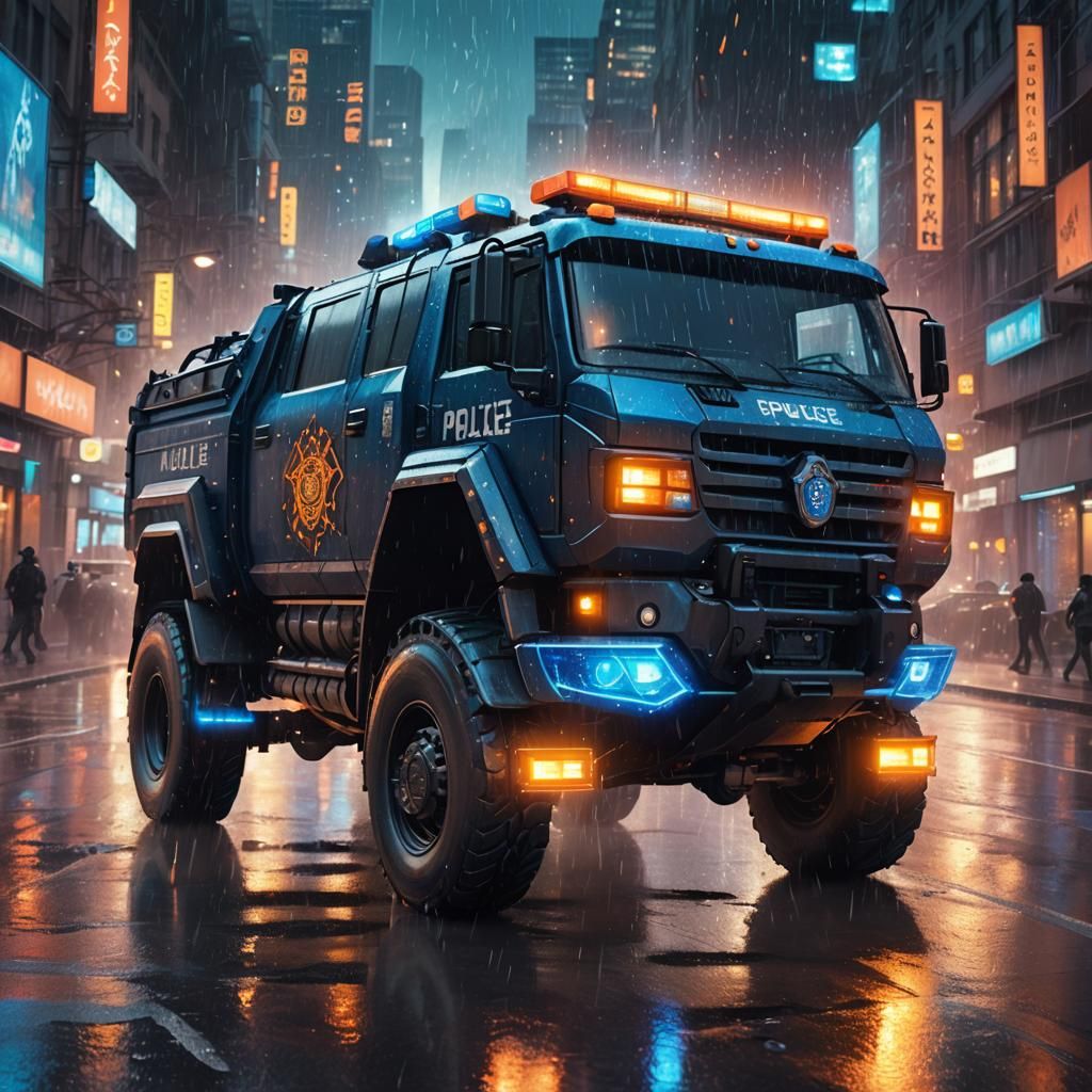 Enchanted Police Truck in Neon Cityscape
