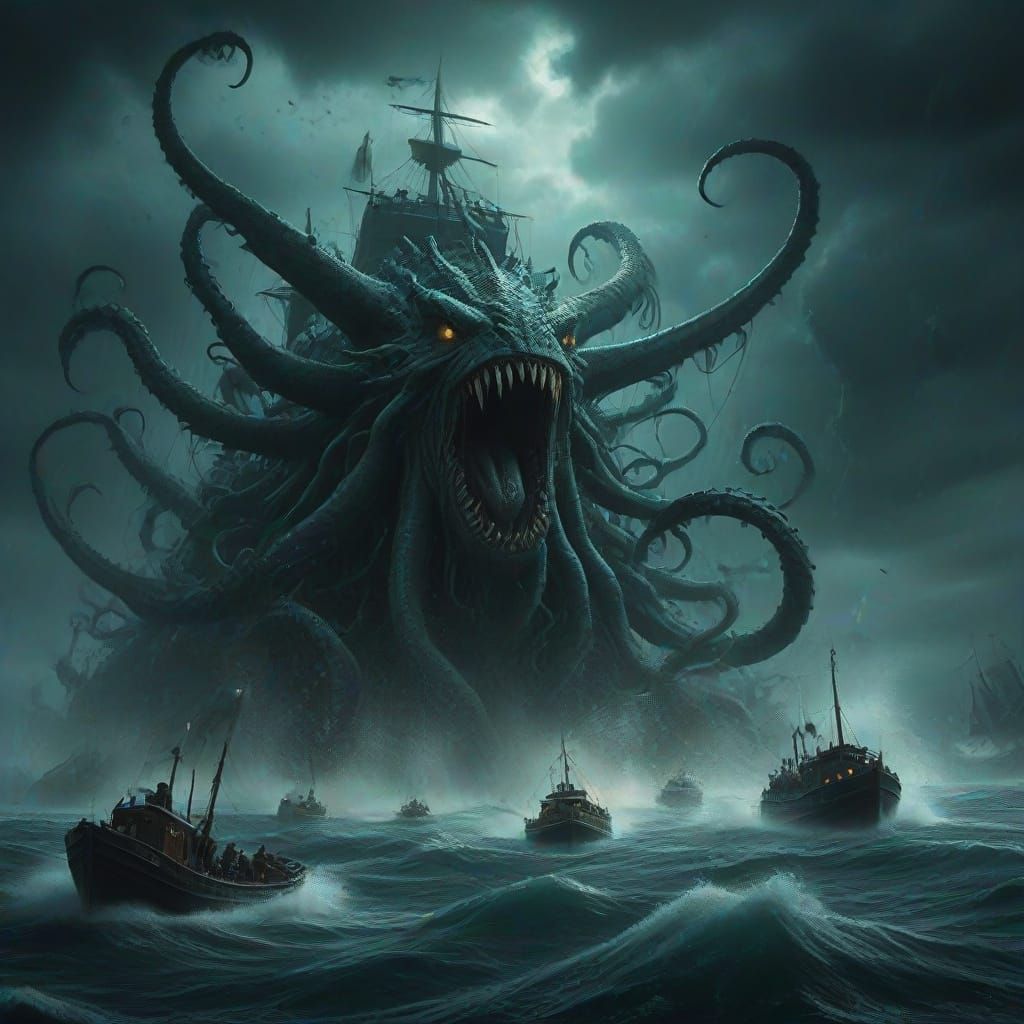 Monstrous Kraken Attacks Ships in Dark Ocean