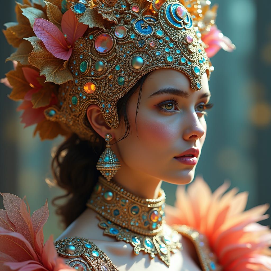 Ethereal Woman with Elaborate Headdress in Splash Art Style
