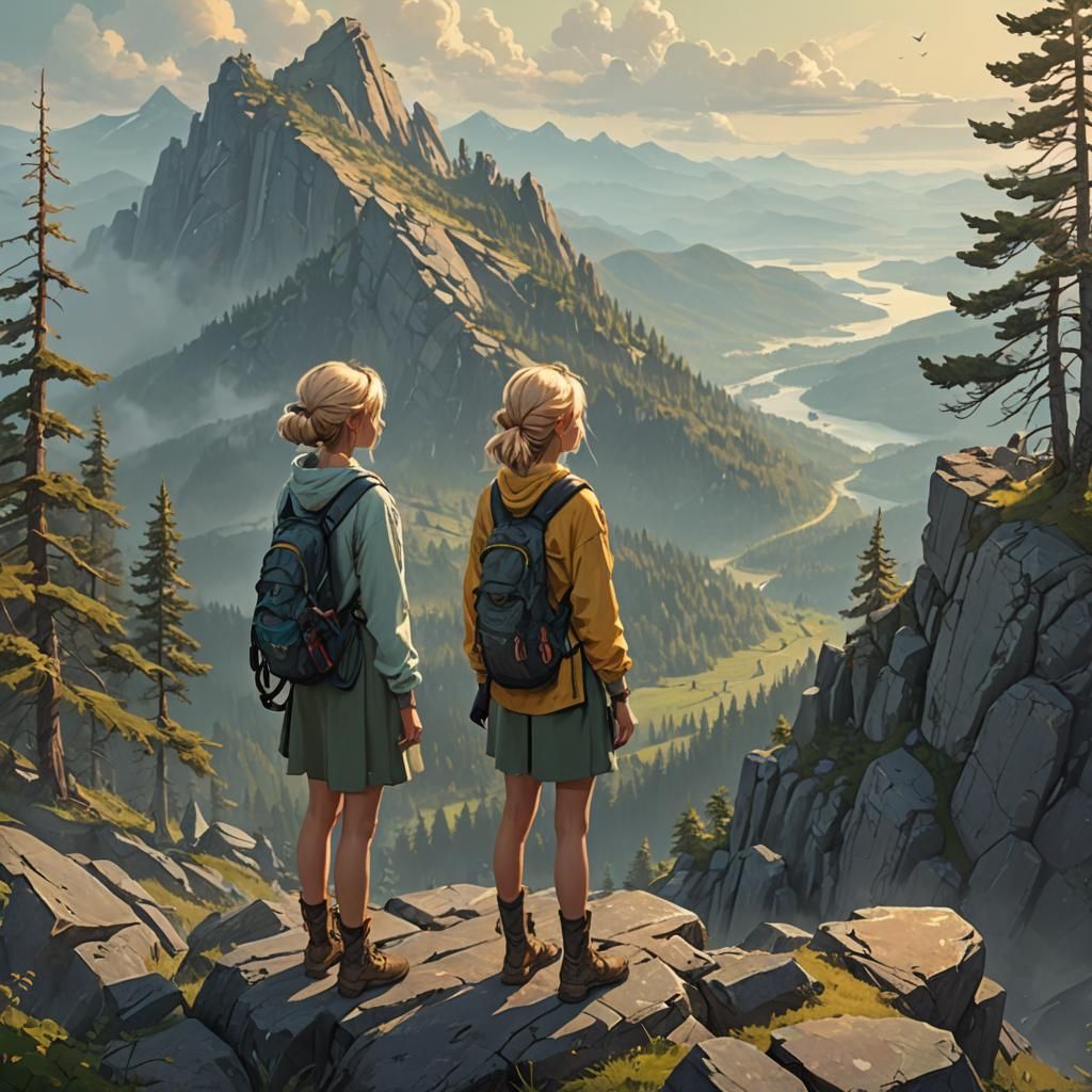 Girls on Mountain Top in Atmospheric Landscape Art