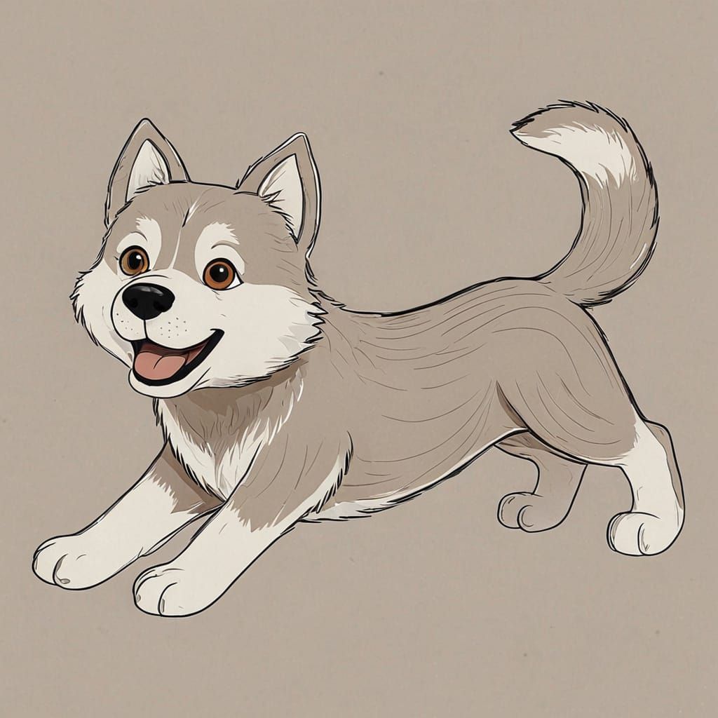 Playful Husky Dog Line Drawing in Children's Book Style