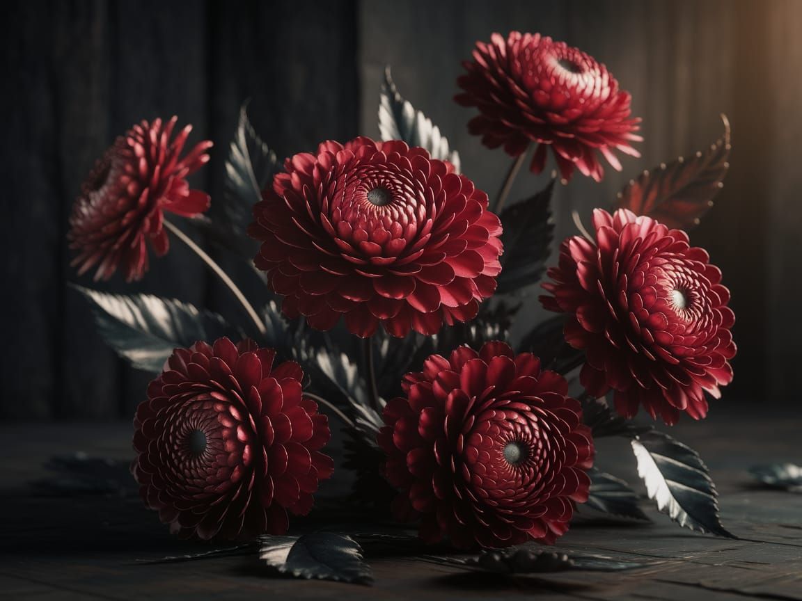 Hyper-Realistic Red Blooms in Dark Metallic Glory