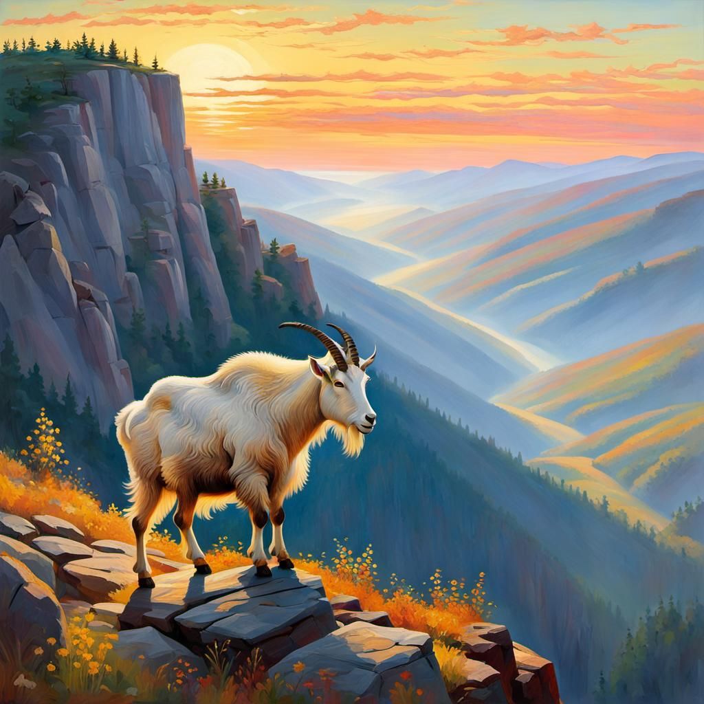 Mountain Goat at Sunset: Impressionistic Realism