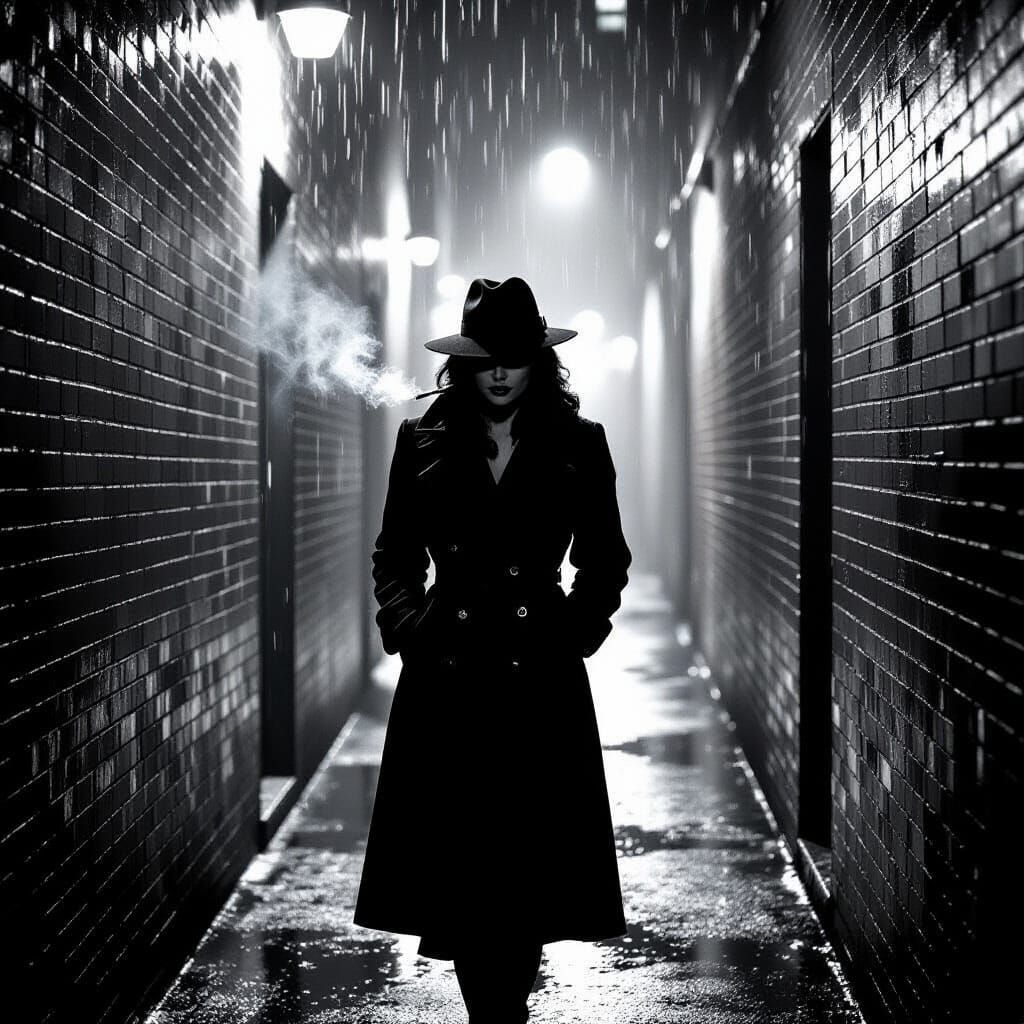Film Noir Femme Fatale in Rainy Alley
