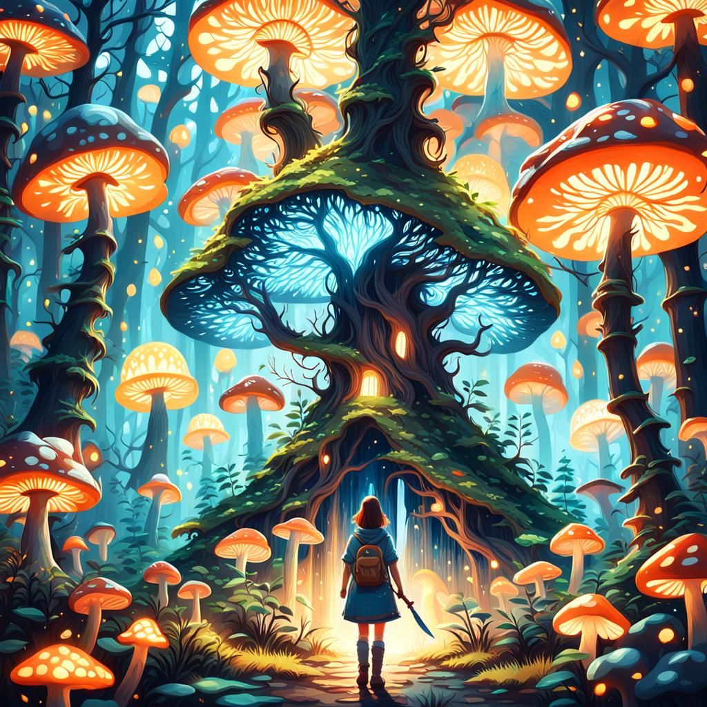 Girl with Knife in Mystical Glowing Forest