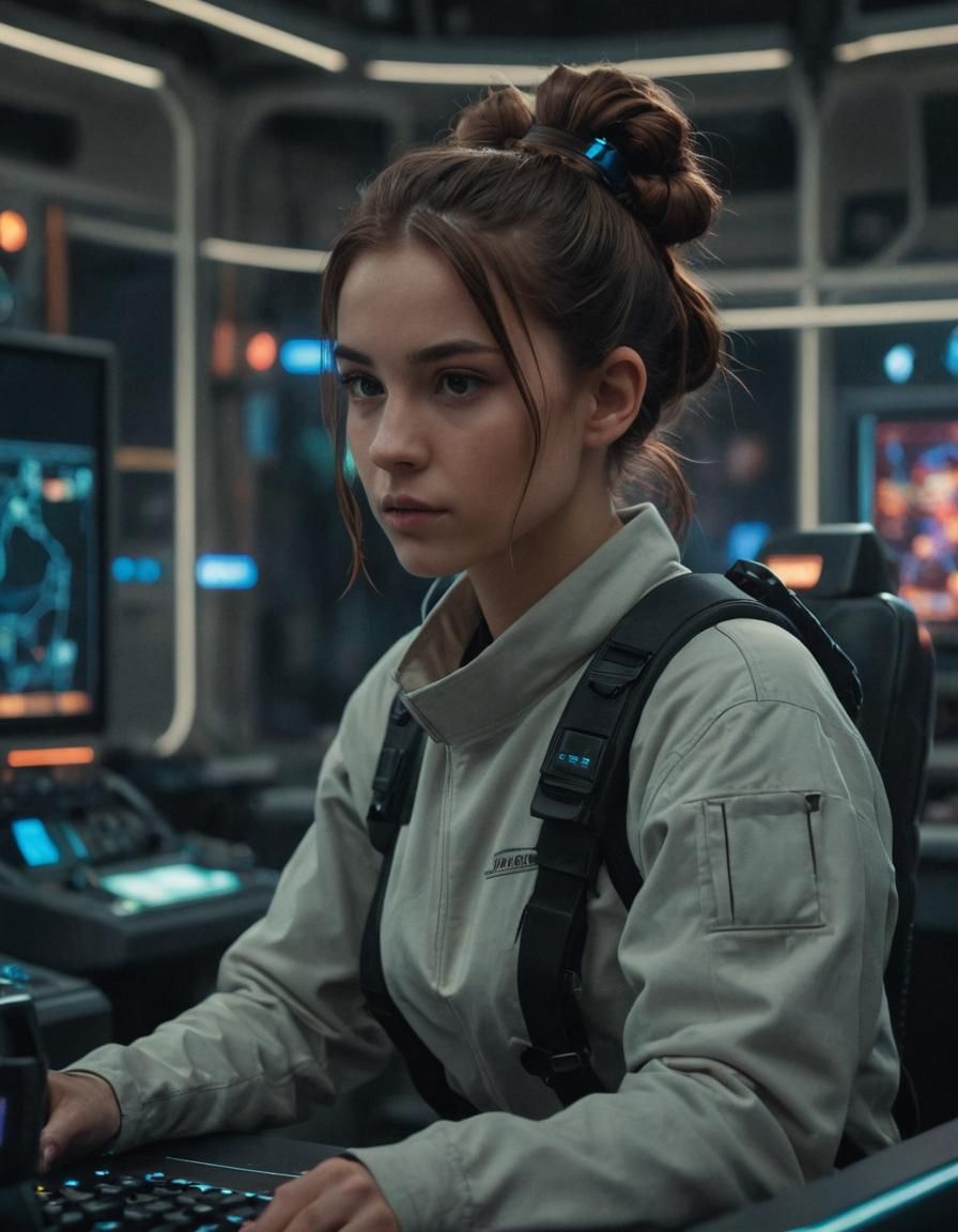 Young Hacker at Futuristic Console in Film Aesthetic