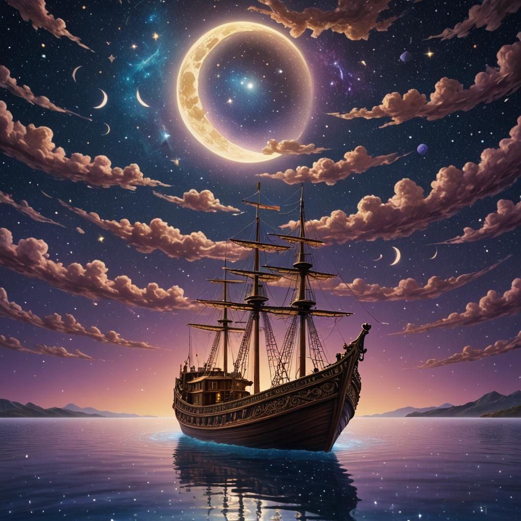 Ornate Boat on Starry Sea in Cosmic Realism
