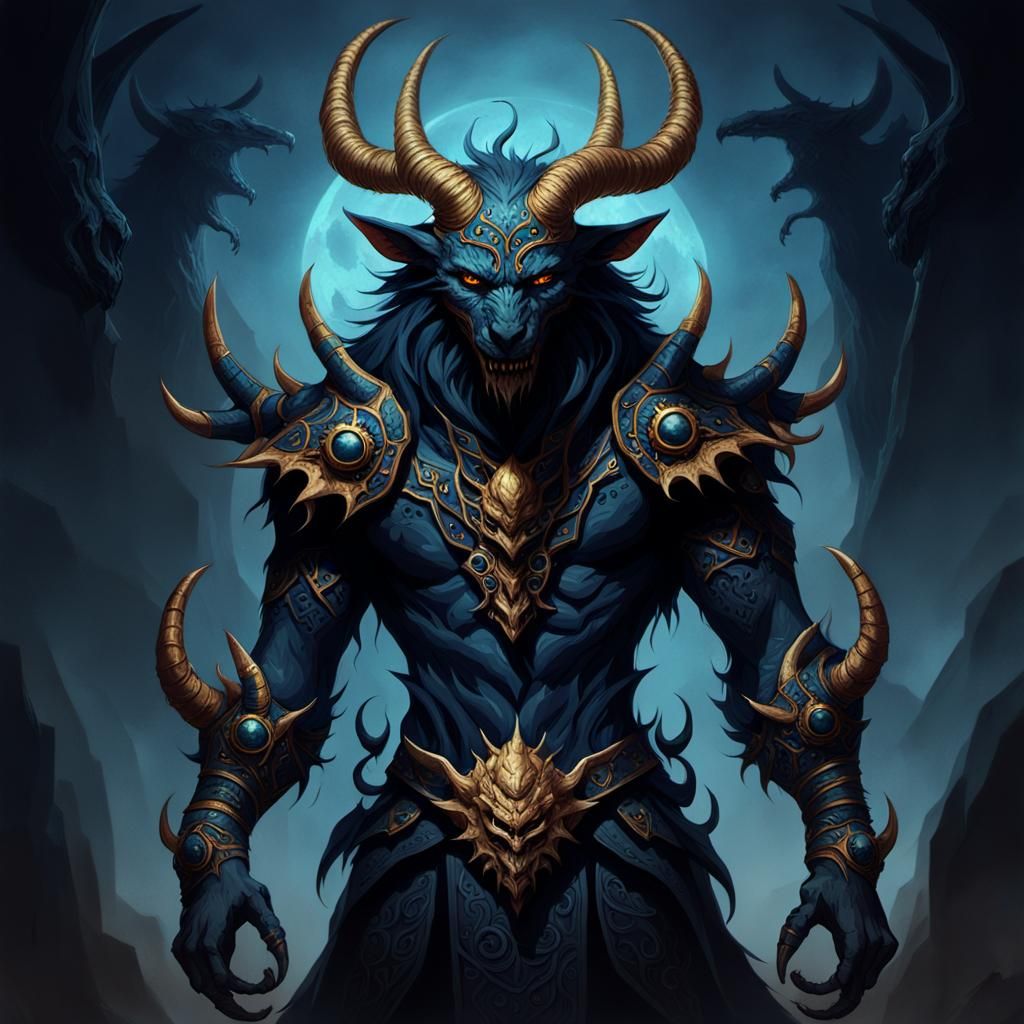 Dark Fantasy Devil with Wolf Snout and Six Eyes, Standing wi...