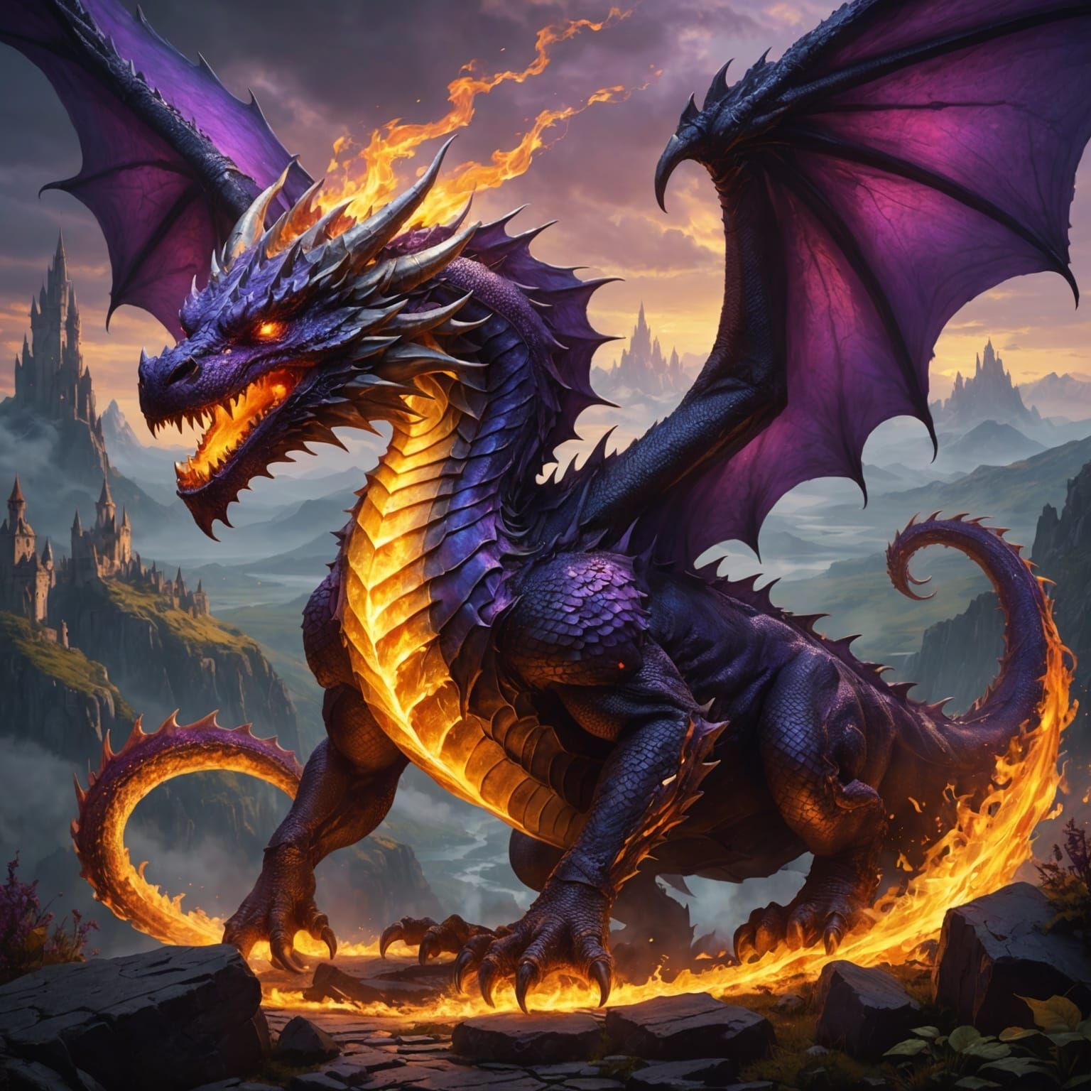 Fantasy Dragon Unleashes Fire, Hyperdetailed Concept Art