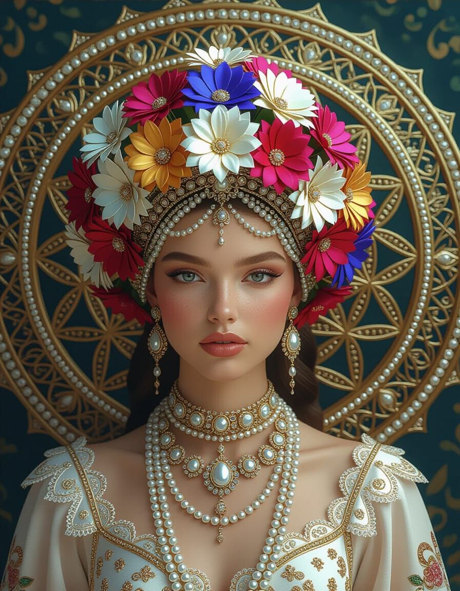 Beautiful Woman in Ornate Floral Crown Before Life Mandala