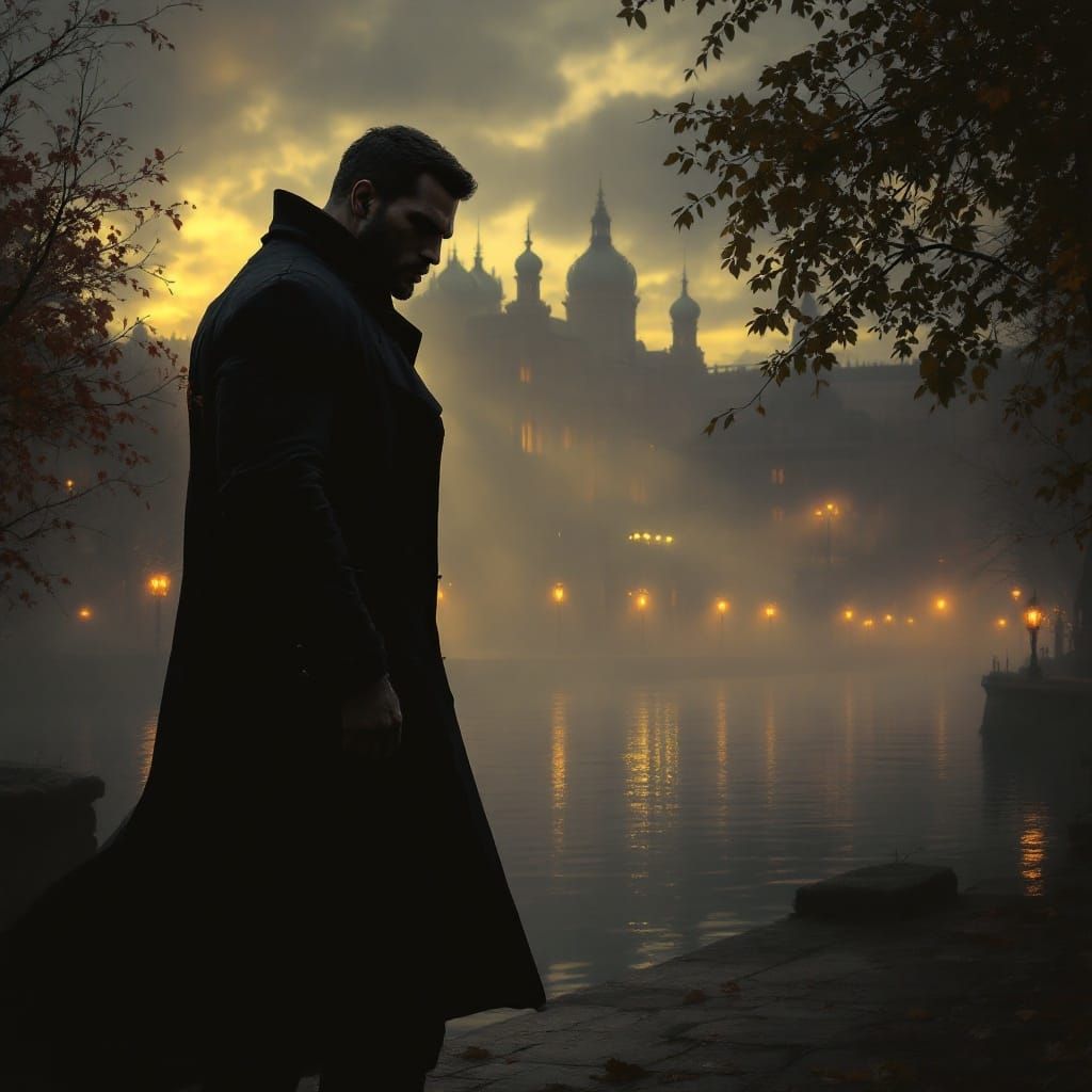 Mysterious Figure Stands at Edge of Foggy Saint Petersburg C...