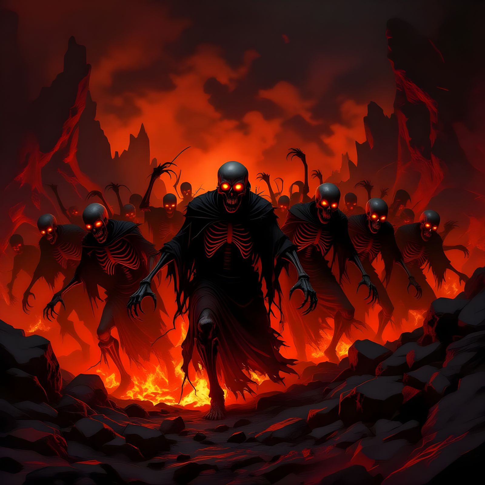 Skeletal Horde Escapes Fiery Hell in Dark Fantasy Style