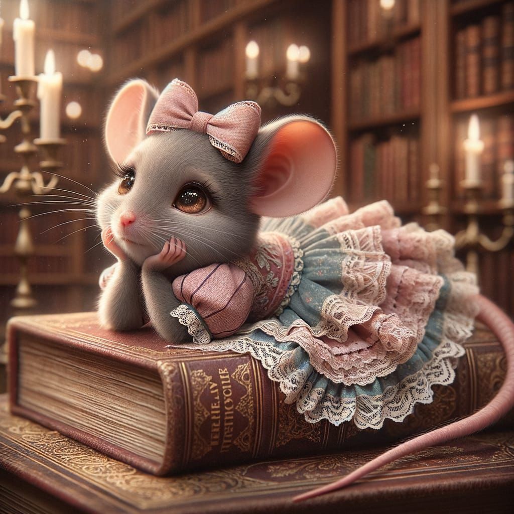 Mouse Daydreaming in Antique Library: Fairytale Illustration