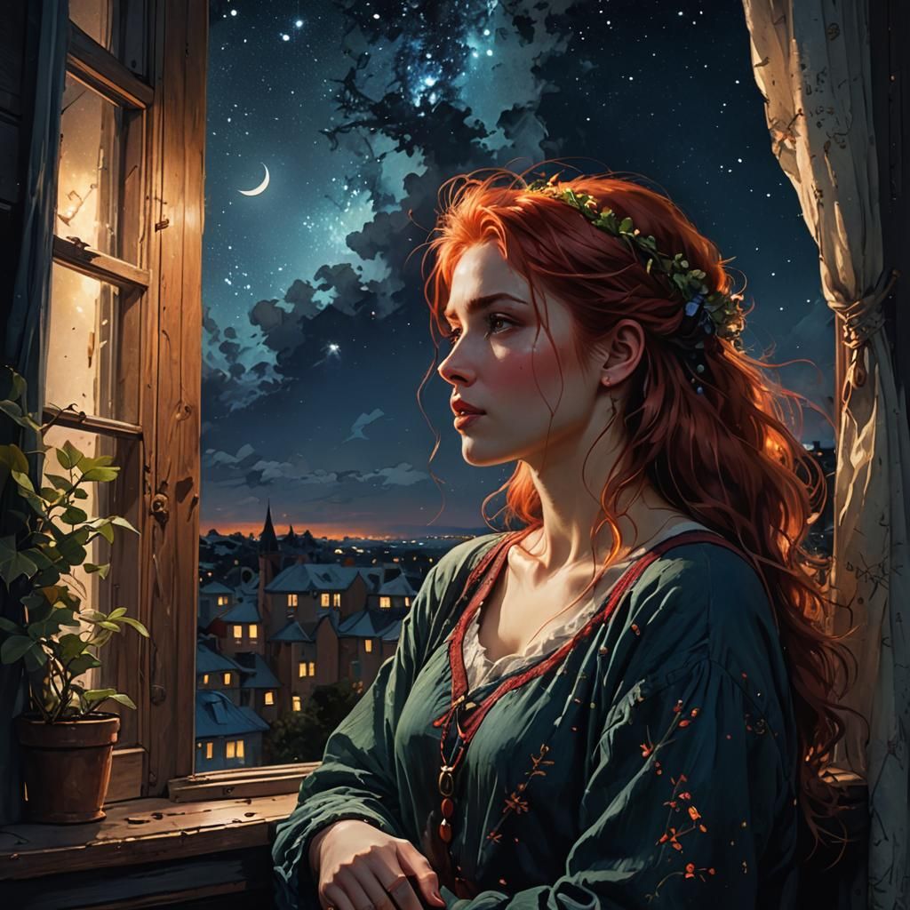 Dreamy Redhead Gazing at Night Sky Illustration