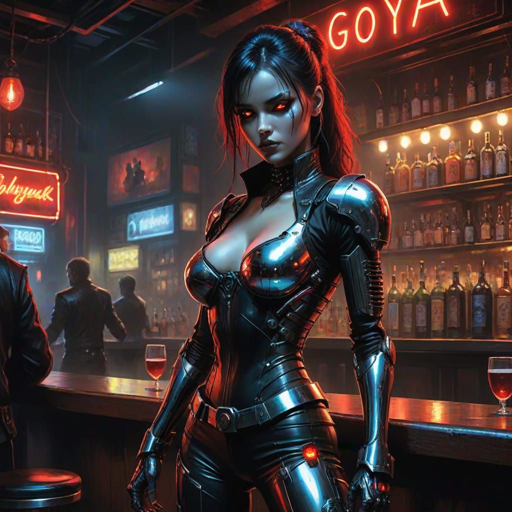 Cyberpunk Seductress in Neon-Lit Bar Awaits Contract