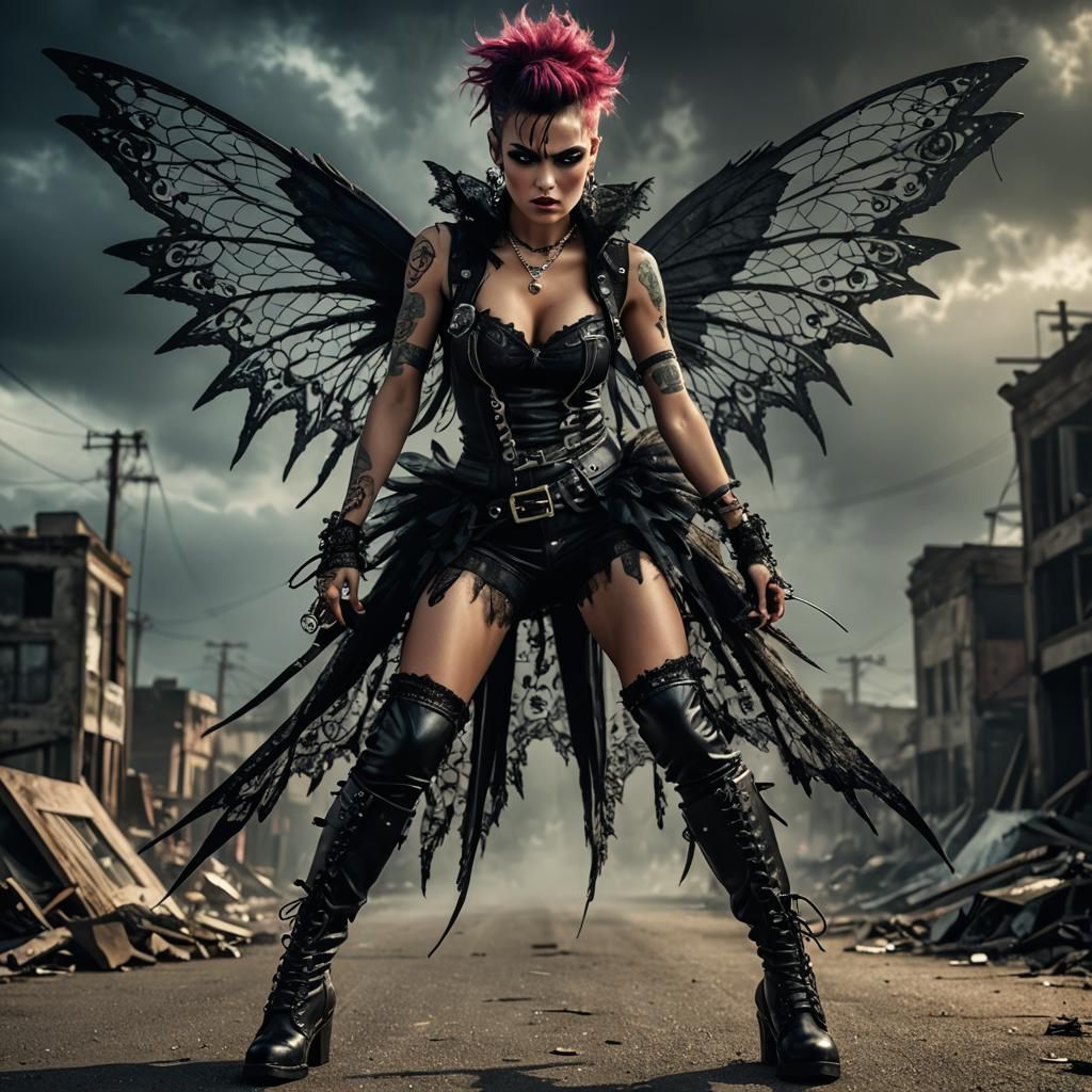 Punk Fairy with Lace Wings in 80s Comic Style