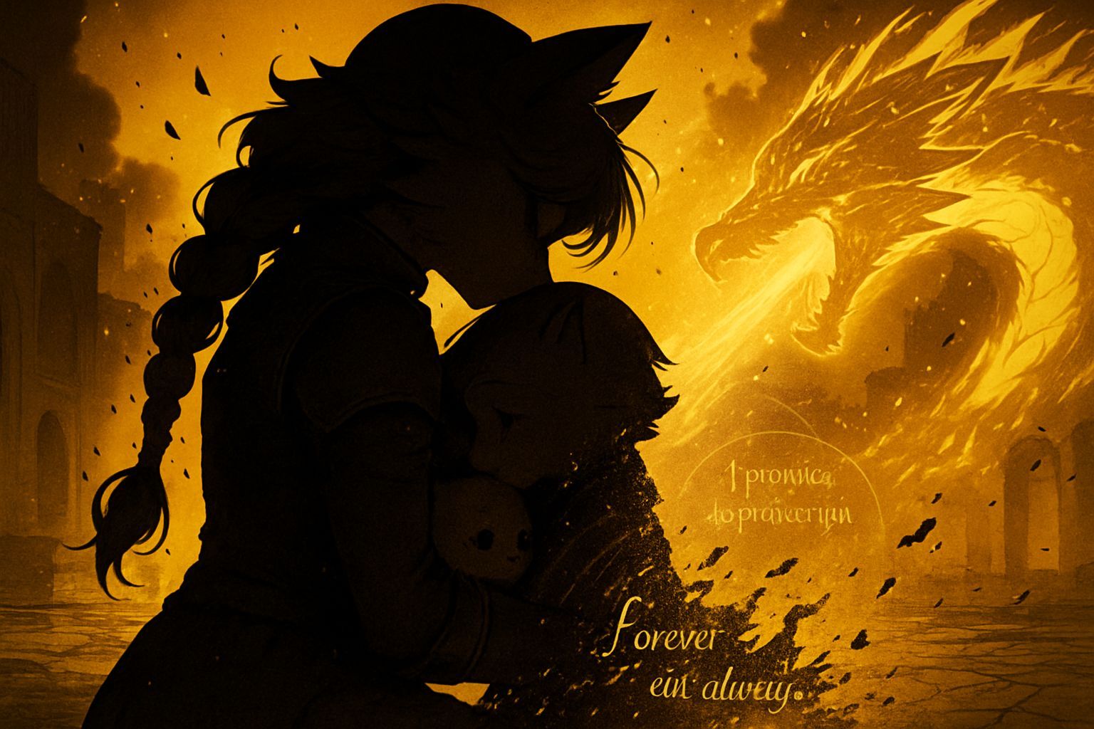 Anime Cat Guardian Protecting Fox Child in Flames