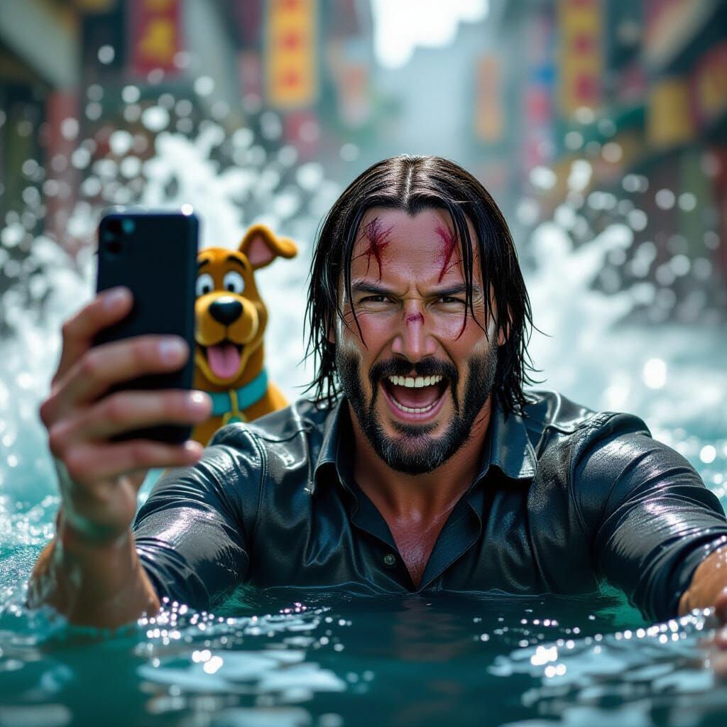 John Wick Selfie with Scooby Doo, Hyper-realistic Style