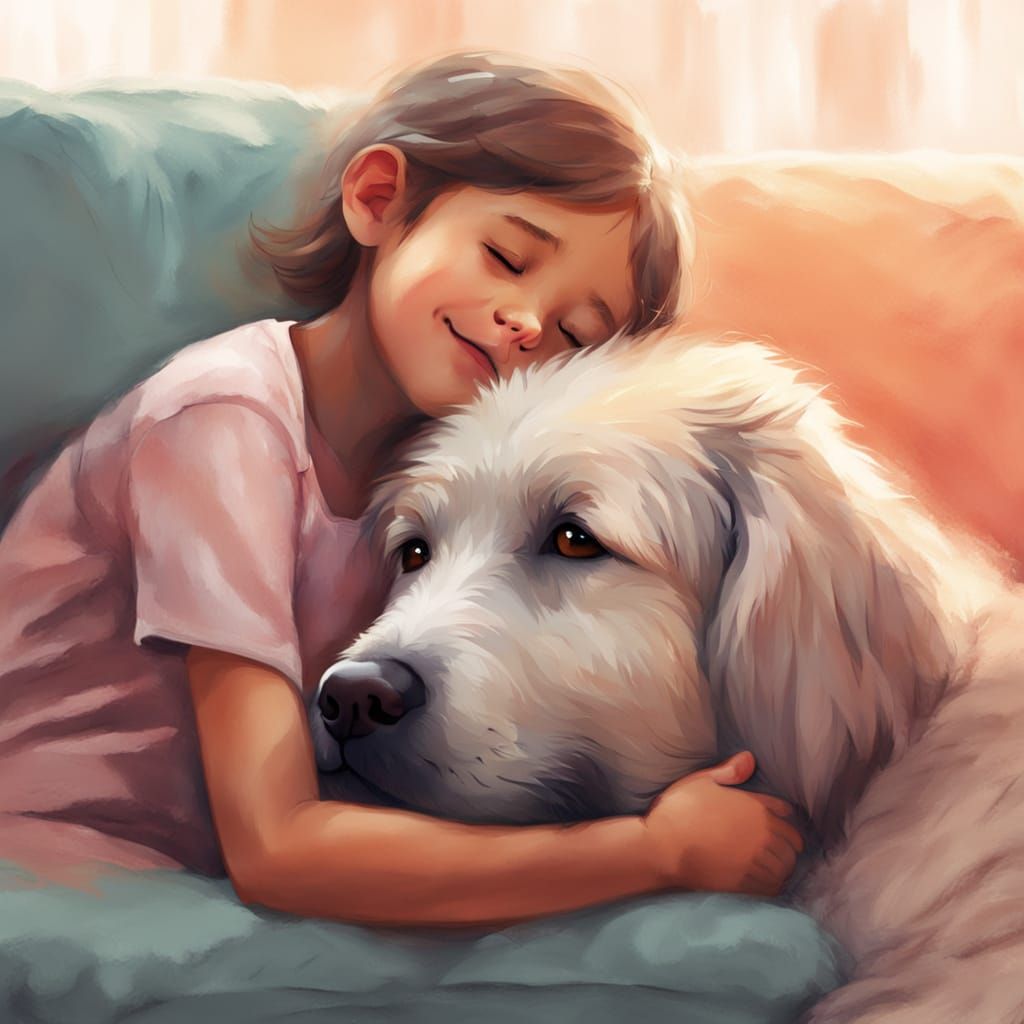 Child and Dog Cuddle: Whimsical Digital Painting