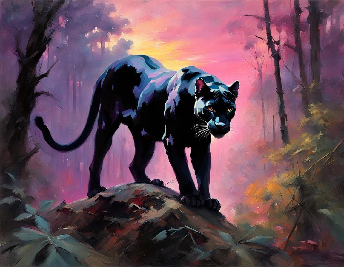 Panther in Dreamlike Forest at Sunset, Chiaroscuro Painting