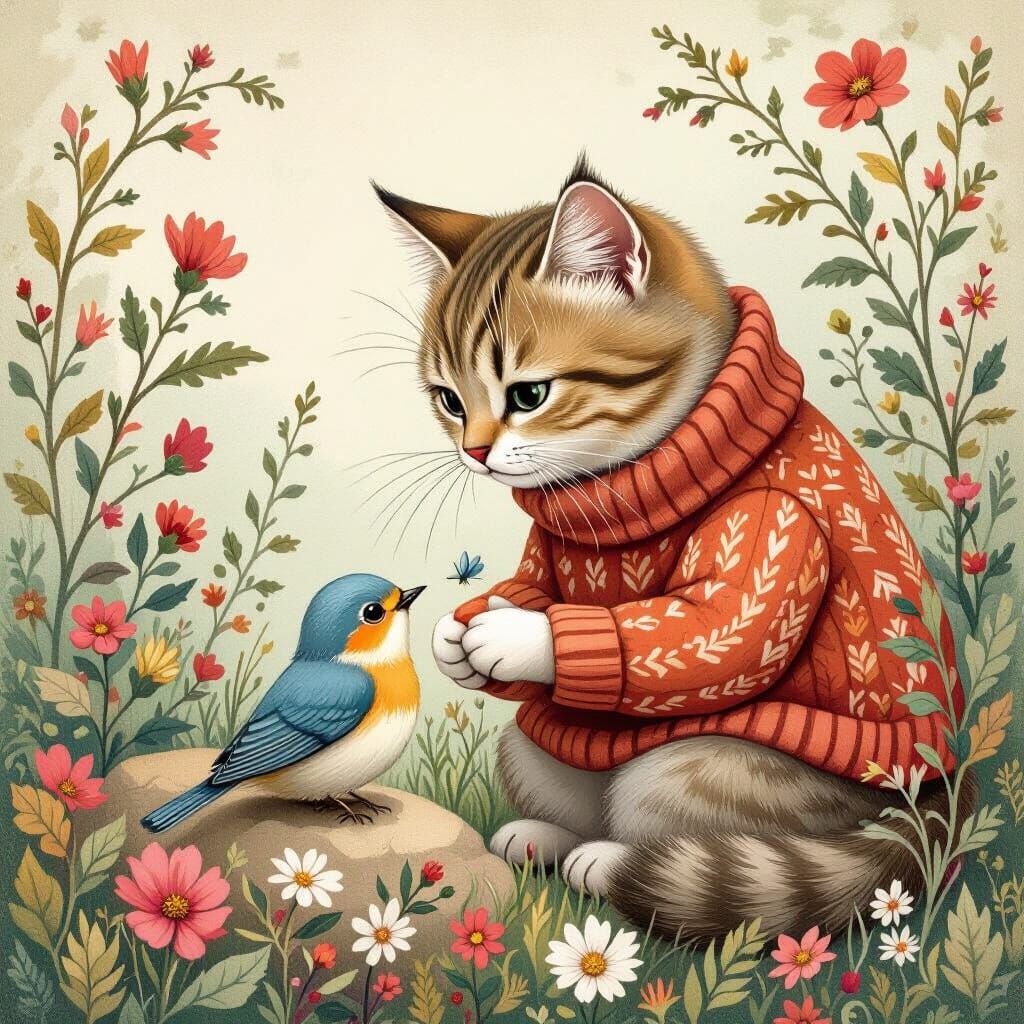 Cat Rescues Bird in Whimsical Garden Art