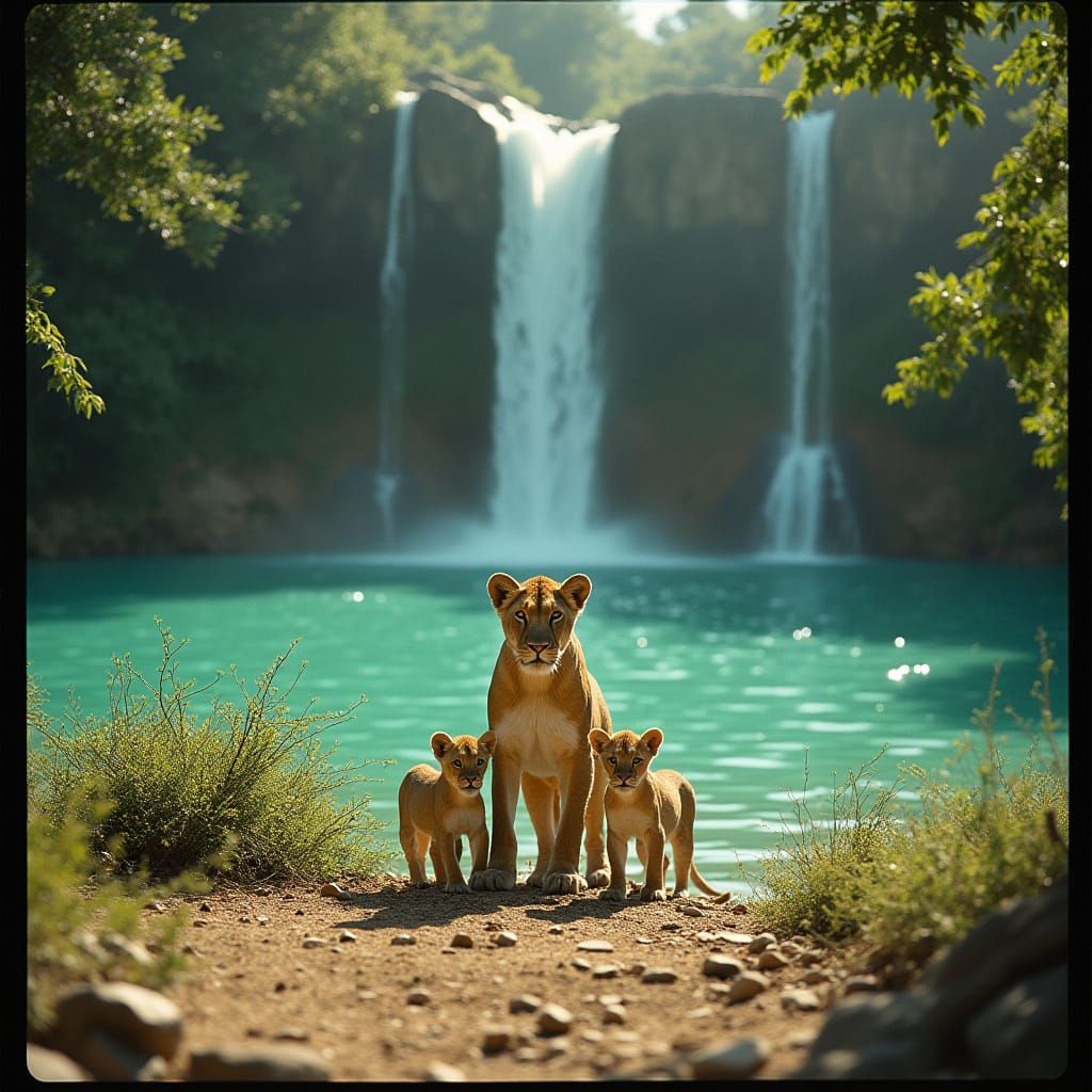 Lioness and Cubs by Turquoise Pool, Cinematic Film Still