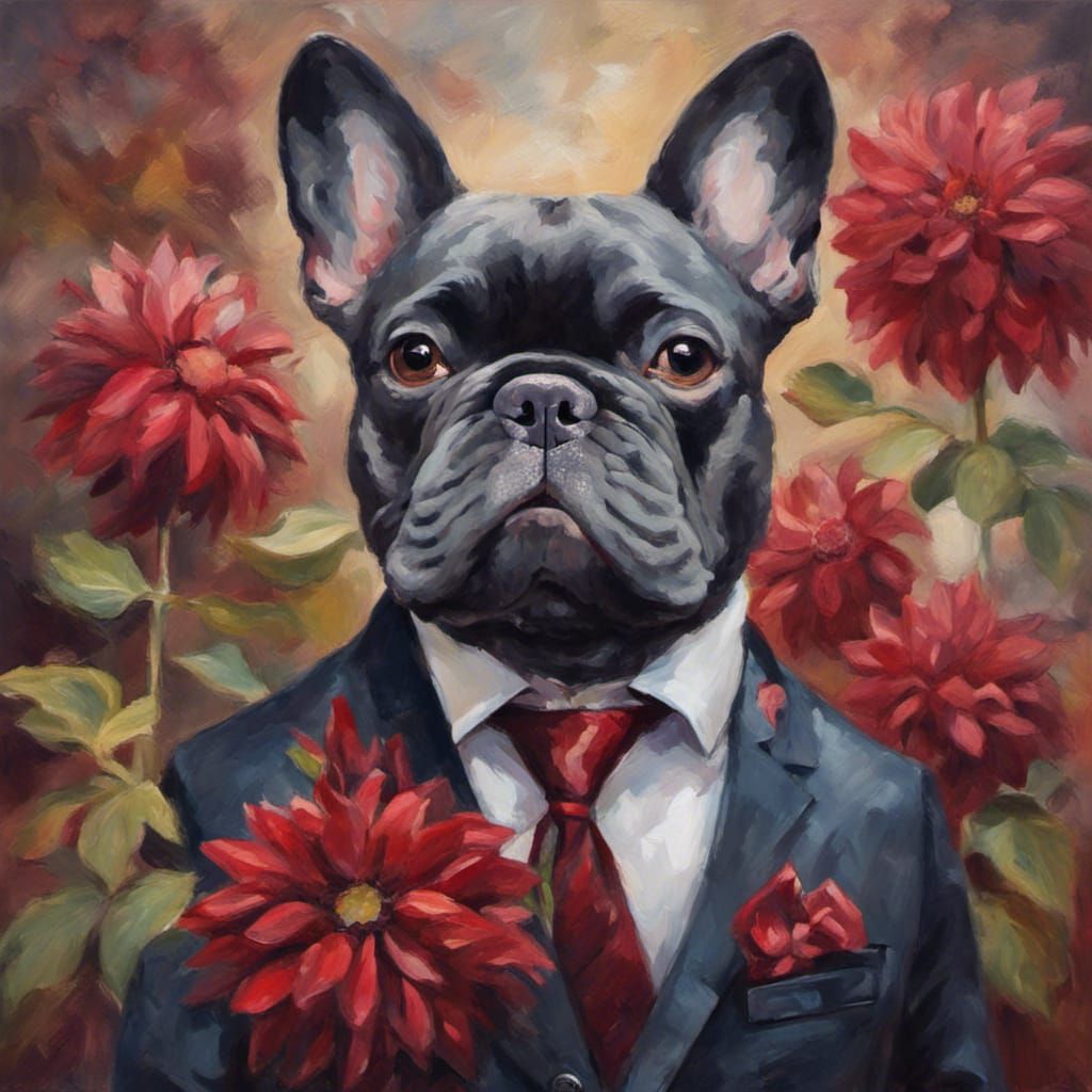 Sad French Bulldog in Suit, Impressionist Oil Painting