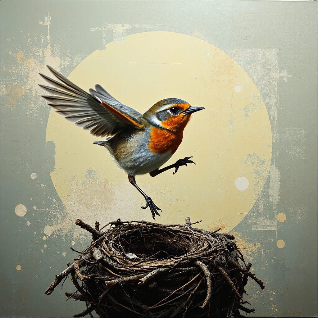 Robin's First Flight: Oil and Silkscreen Art