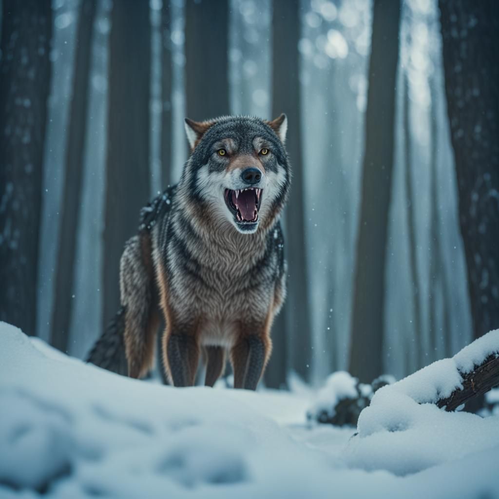 Wolf in a Cinematic Snow Forest