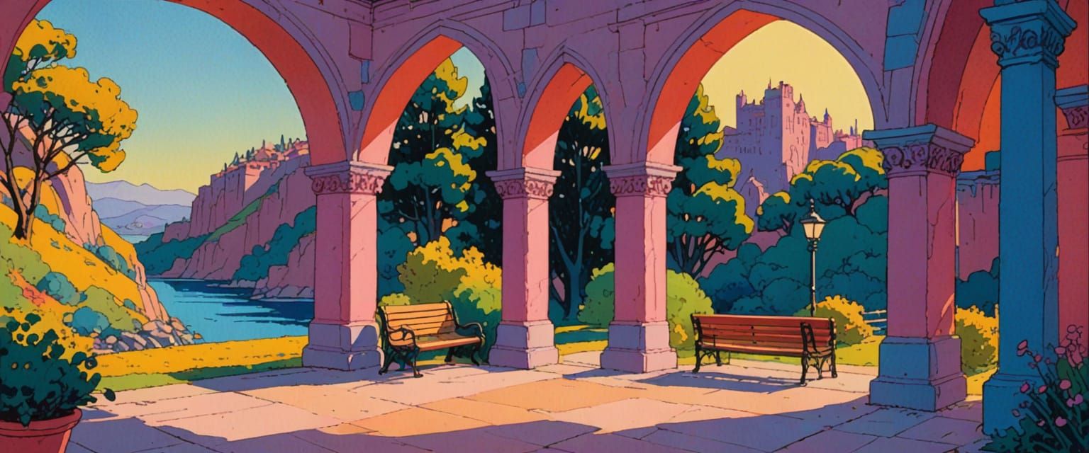 Quaint Comic Book Scene with Arches and Benches