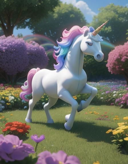 Rainbow Unicorn in Flower Garden: 3D Digital Art