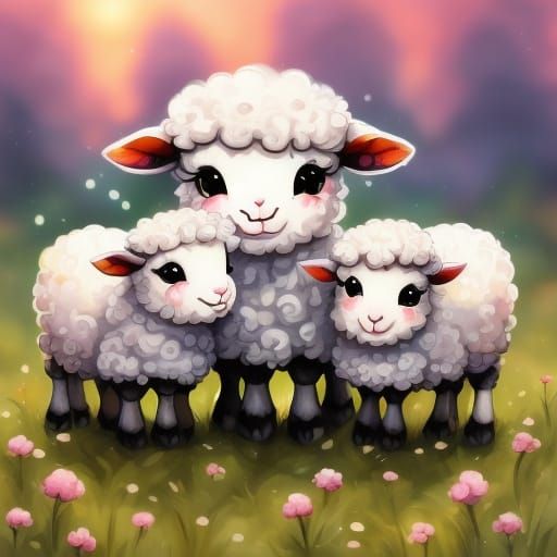 Three Adorable Sheep in a Cartoon Style