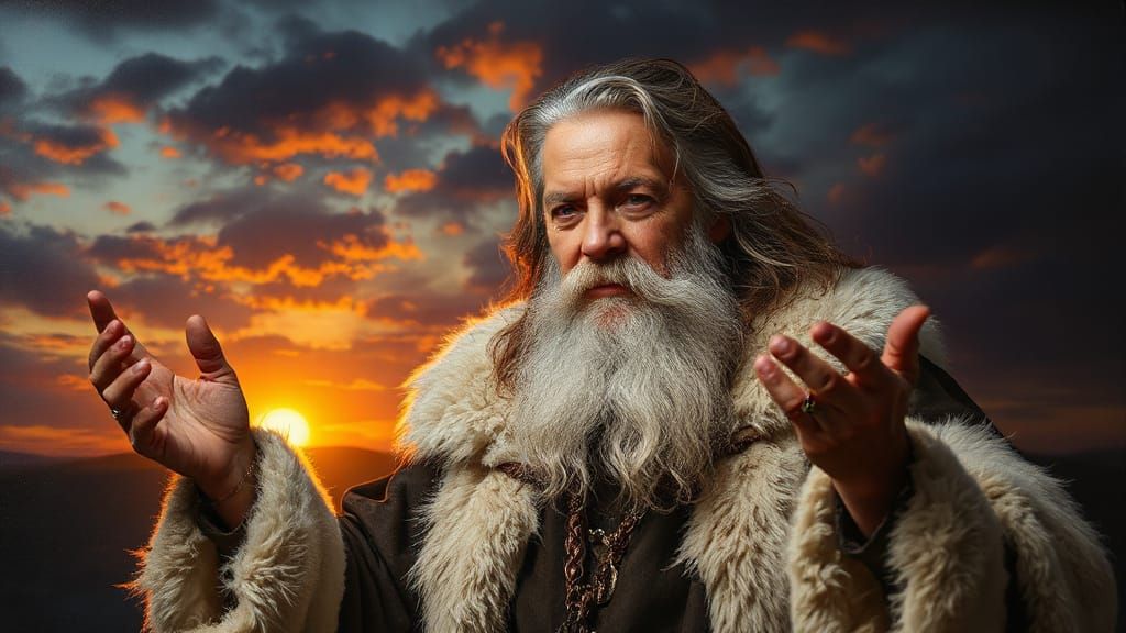 Weathered Wizard Casting Sorcery in Winterland Sunset