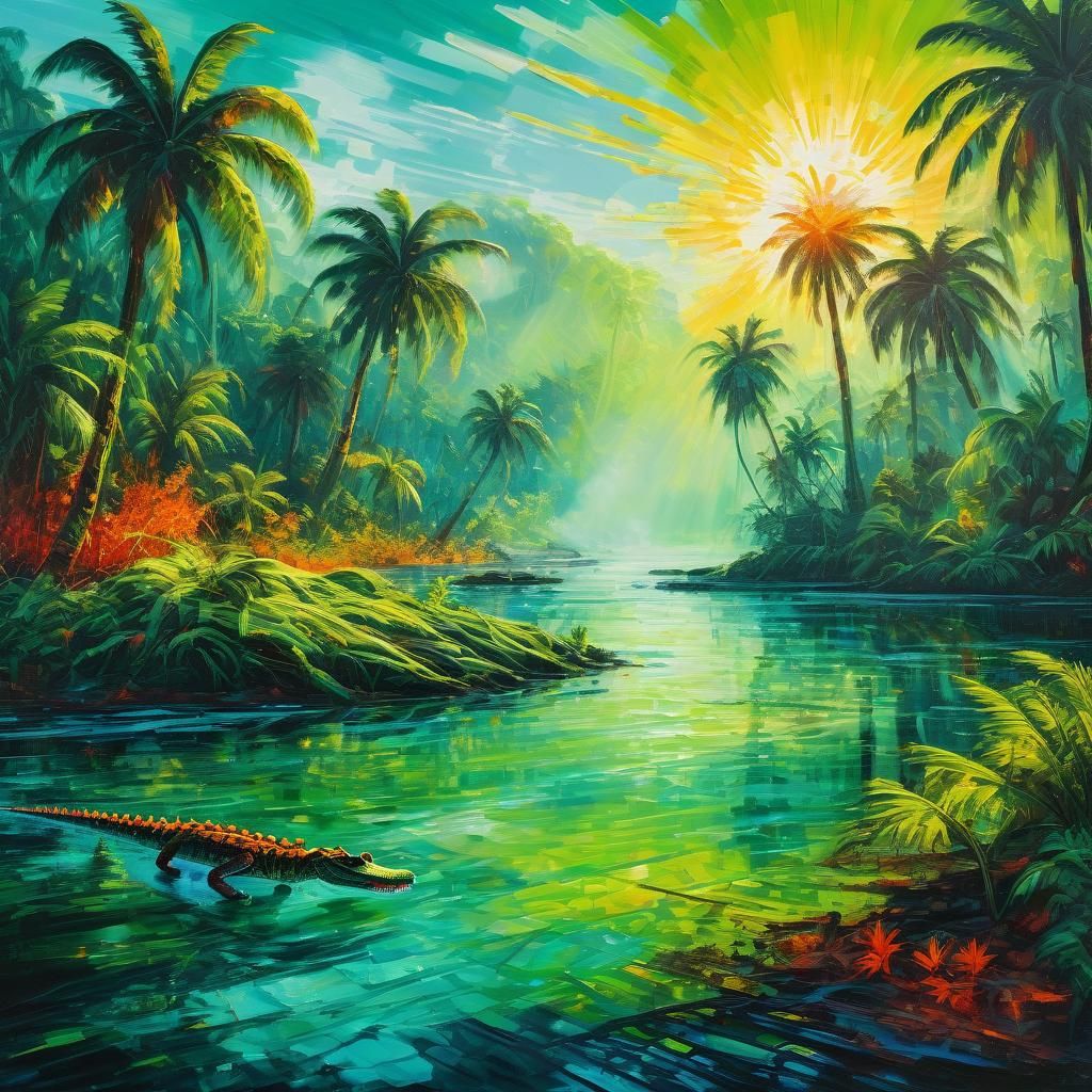 Tropical Island Crocodile in Acrylic Painting