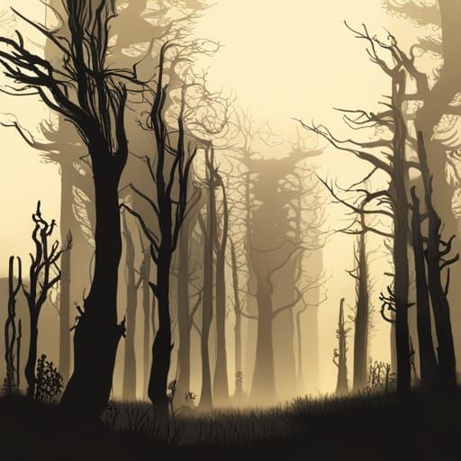 Eerie Backlit Forest Silhouette in Dark Engraving Style
