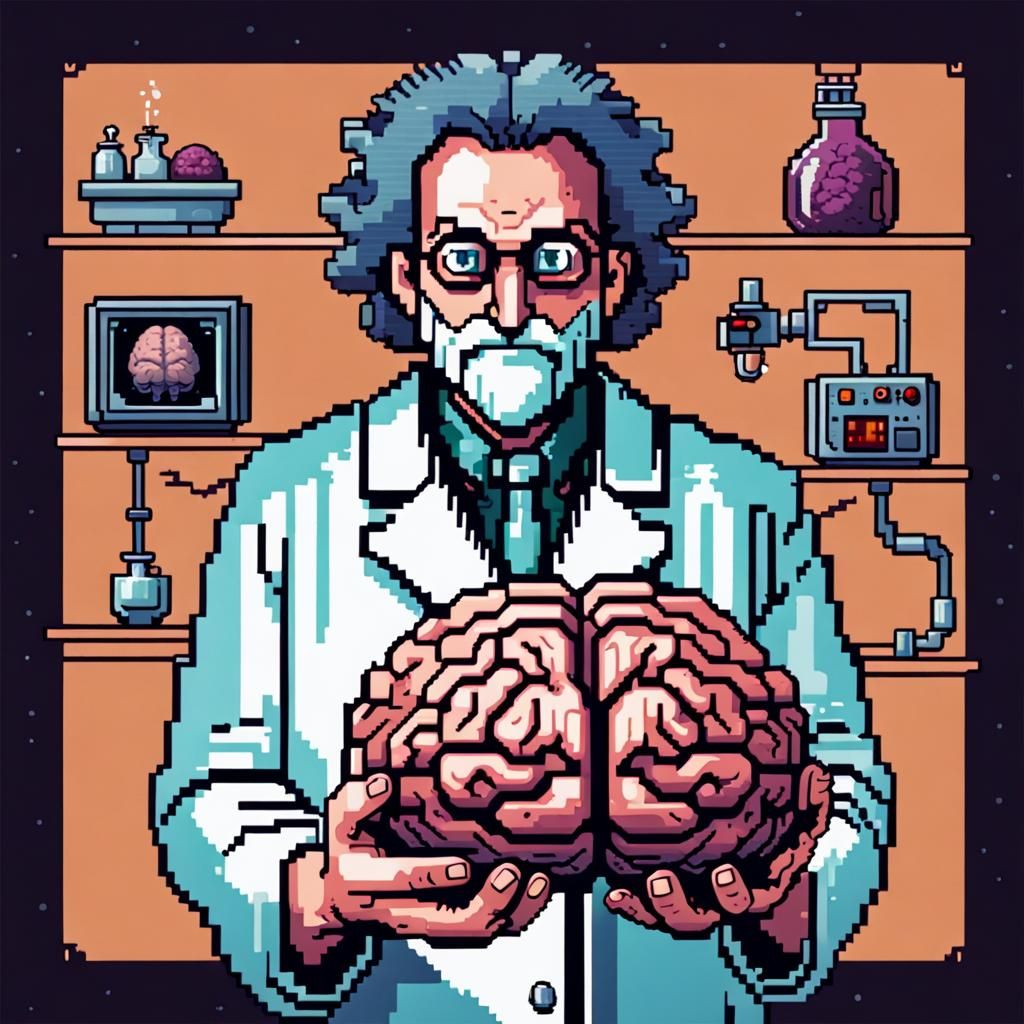 Mad Scientist Holding Brain in Pixel Art