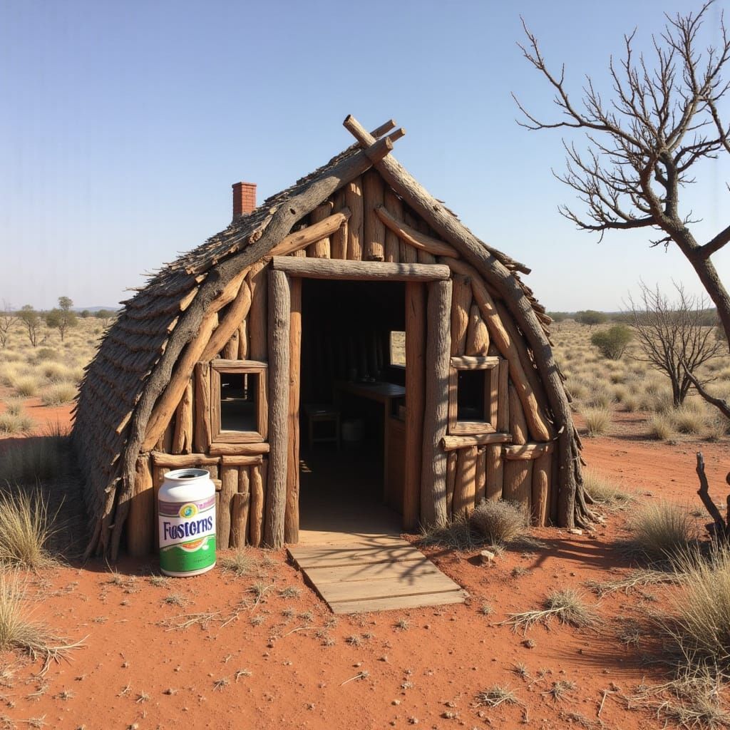 Wood Stick Hut in Australian Desert, Vintage Style