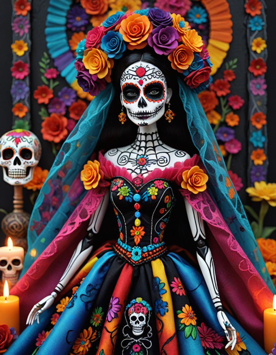Mexican Barbie as La Catrina in a Vibrant Dia de los Muertos...
