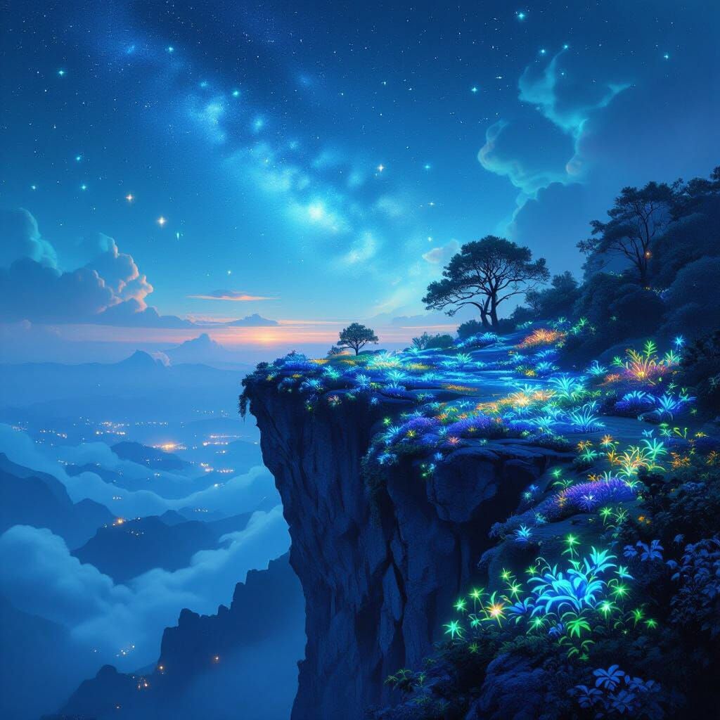 Starlit Cliff Garden with Bioluminescent Flora