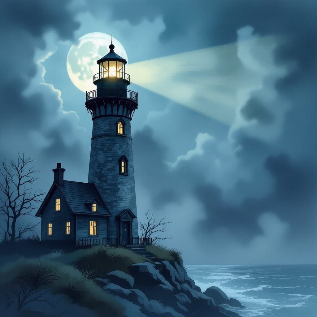 Gothic Lighthouse in Watercolor Style with Lace Textures
