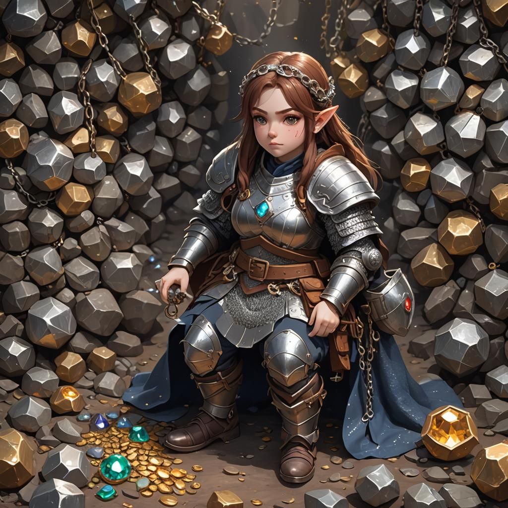 Dwarf Lady Mining Gems in Anime Style