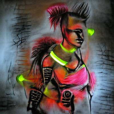 Punk Warrior Woman: Neon Charcoal Rendering