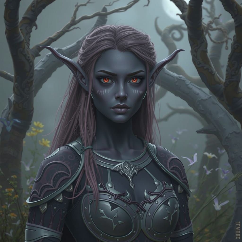 Elven Woman with Red Eyes in Dark Fantasy Style