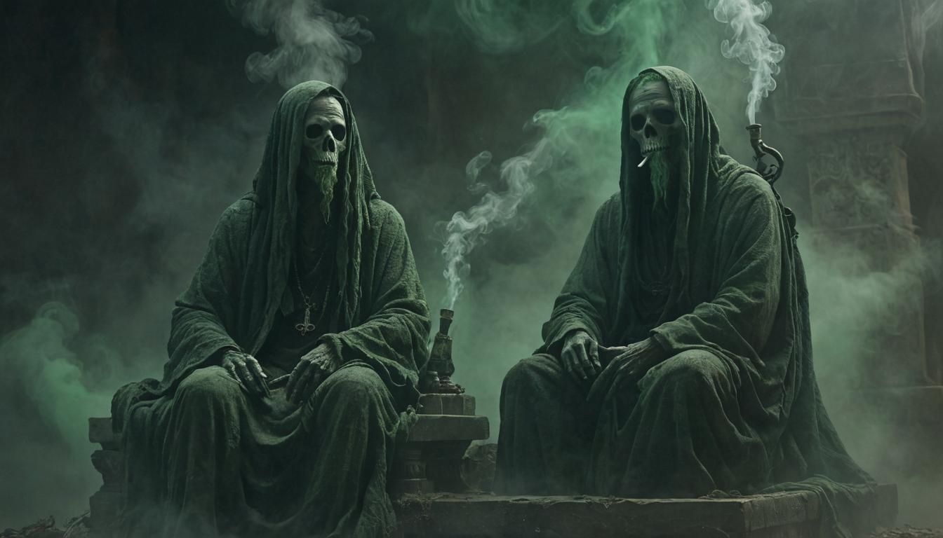 Ghosts Smoking Hookah on Tomb in Hyperrealistic Style