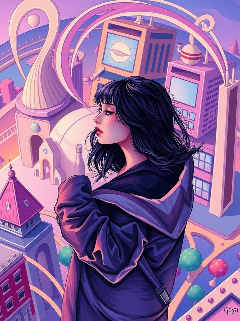 Futuristic Vaporwave Cityscape with Lonely Girl