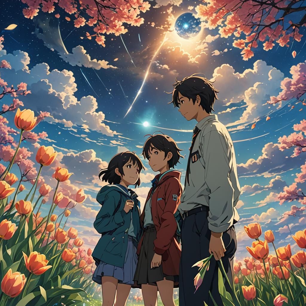 Anime Lovers Kiss Under Starry Tulip Sky